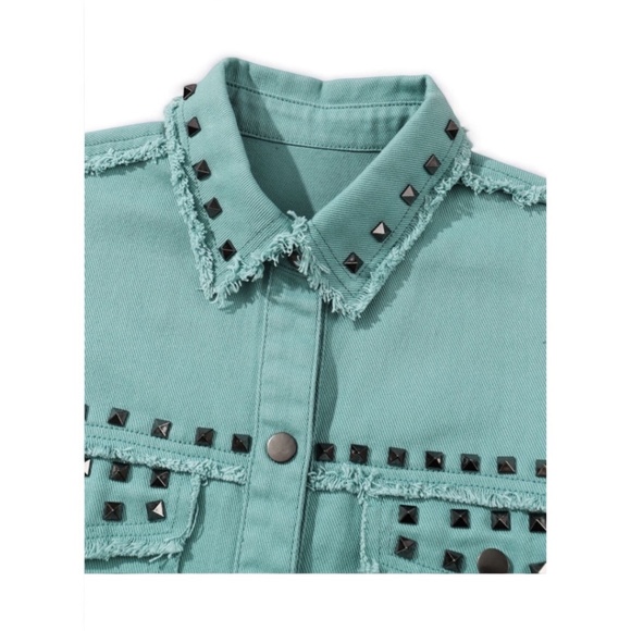 Green Frayed Trim Vintage Rivet Denim Jacket NWT - Picture 6 of 10